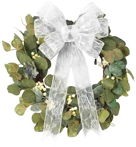 LiBongTa 13 White Lace Bows Wired Ribbon Christmas Tree Topper Bow, Glitter Bow Party Decorations, Premade Metallic Bows with Twist Tie, Large Gift Bow for Outdoor Wreath, Wedding, Birthday-2 PCs