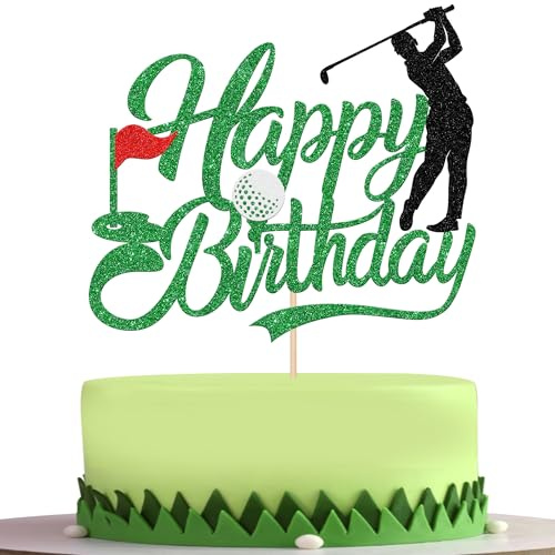 SYKYCTCY 1 Pack Golf Happy Birthday Cake Topper Glitter Golf Ball Player Cake Pick Golf Birthday Decorations for Sports Theme Baby Shower Kids Players Birthday Party Cake Decorations Supplies Green