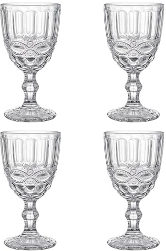 Elvida Interiors Vintage Style Wine Goblets Set of 4 – Thick Stemmed Clear Glasses for Red & White Wine, Water, Cocktails – Elegant Baroque-Inspired Glassware