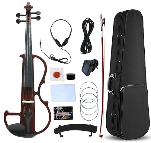 Vetimobato Electric Violin 4/4 Full Size Solid Wood Silent Violin Set for Adults Beginner Practice Electric Fiddle with Ebony Fittings Hard Case & Bow(4 String Burgundy)