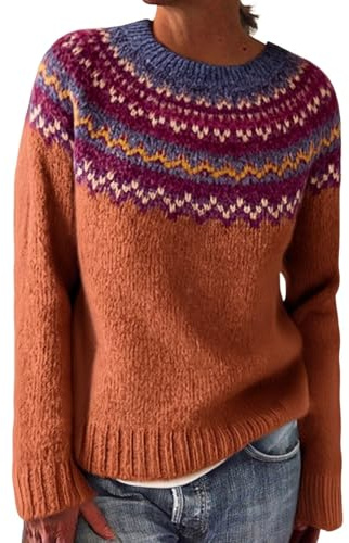 Generisk vinter norsk tröja för kvinnor långärmad elegant stickad tröja varm bomull vintertröja vintage etniskt mönster stickad tröja långärmad tröja casual grovstickad tröja damer, 27 orange, L