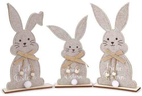 BOARDFEB 3 Stück Deko Hase Ostern,Holz Filz Deko Aufsteller für Ostern, Osterdeko Tisch Innen zum Hinstellen Modern Osterhasen Figuren Zuhause Garten Frühling Osterdekoration