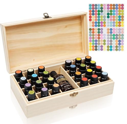 Gykutix Ätherische Öle Aufbewahrung, Box für Ätherische Öle, 25 Löcher Ätherisches Öl Box Aus Holz, mit Kostenlose Etiketten für Nagellack, Duftöle, Lippenstift
