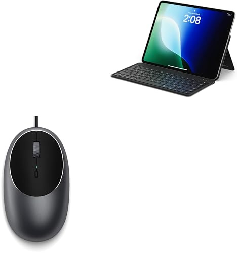 Satechi C1 Mouse USB-C Cablato in Alluminio + OntheGo™ Tastiera Wireless Bluetooth Compatta con Supporto Regolabile, Multidispositivo, Ricaricabile USB-C per Mac Mini M1 M2, MacBook, iPad e Windows –