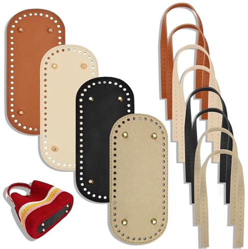 Taschenboden zum Häkeln, 4 Stück Oval PU Taschenboden mit Taschengriffe, Tasche Bodenformer Häkeln Taschenbodens mit Löchern Korbboden Kunstleder für DIY Taschen Häkeltasche Stricktasche