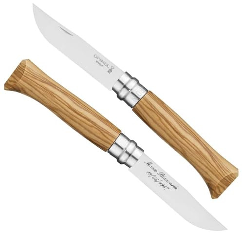 Couteau Opinel n° 8 avec manche en olivier gravé d'un prénom - Cadeau fête des pères, Noël, Anniversaire - Gravure individuelle
