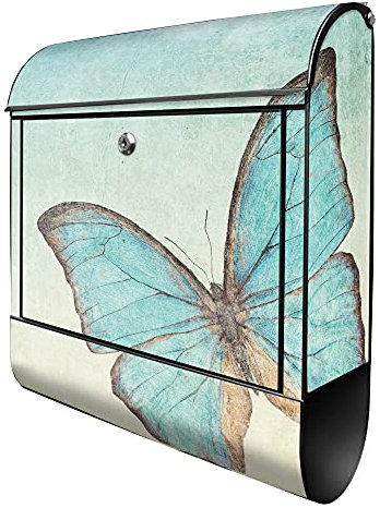banjado® Design Briefkasten mit Blaue Schmetterlinge 38,5x46,5x13cm & 2 Schlüssel - Briefkasten Stahl schwarz mit Zeitungsfach pulverbeschichtet - Postkasten A4 Einwurf inkl. Montagematerial