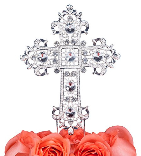 LOVENJOY Kreuz Kuchen Topper Silber Tortendeko Taufe Tortenaufsatz zur Bestätigung Geburtstag Party, Geschenkbox, Kristall Strass