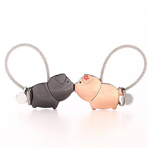DOJoykey Lovers Keychain 1 Pair Pig Partner Pendant with Magnetic Mouth, Sweet Gift for Valentine's Day, Birthday, Wedding, Zinc Alloy (Shiny Black + Rose Gold)