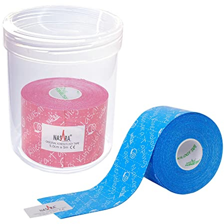 Nasara Original Kinesiologisches Physio Sport Tape: Sparset mit 2 Tapes in türkis und pink in Profi Rollenbox mit Schraubdeckel für Sport und Medizin, Rollengröße 5cm x 5m