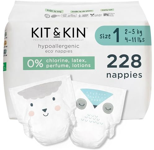 Kit & Kin Premium Öko-Windeln Größe 1 für Neugeborene (2-5 kg) 228 Windeln, Pflanzliche & Hypoallergene Babywindeln, Zuverlässiger Auslaufschutz, Vegan & tierversuchsfrei