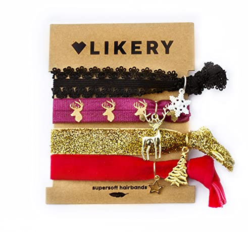 LIKERY Weihnachts Haargummis & Armbänder Set – Supersoft & elastisch – 2in1 Haarband & Armband mit Charms (Hirsch, Stern, Schneeflocke, Weihnachtsbaum) – Geschenk für Frauen & Mädchen