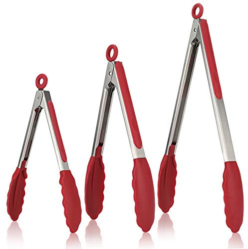 U-Taste 315℃ Heat Resistant Kitchen Tongs Set of 3, 18/8 Stainless Steel Grill Food Tongs with Non-Stick Silicone Tips & Handles for Cooking, BBQ, 18/23/30 cm (Red)