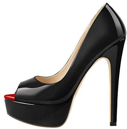 MissHeel Damen Peeptoes Plateau Pumps Elegante Stiletto High Heels für Büro Party Kleid Lack Optik Schwarz 40 EU