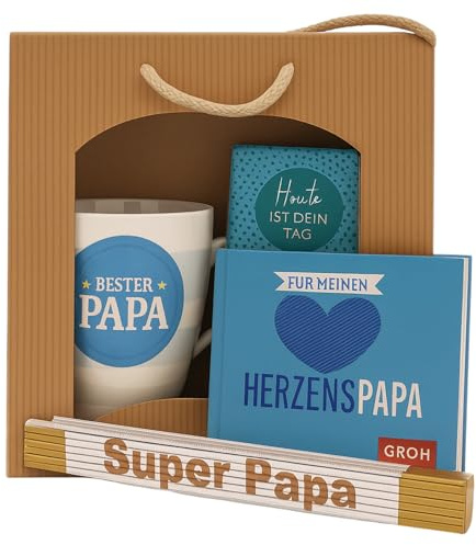 4-teiliges Geschenkset Papa Tasse Buch Schokolade Zollstock SUPER Papa