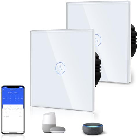 BSEED WLAN Smart Touch Lichtschalter (Neutralleiter Erforderlich), WIfI Schalter aus Glas, Alexa und Google Home Work mit Tuya, 1 Fach 1 Weg Weiß, 2 Pack