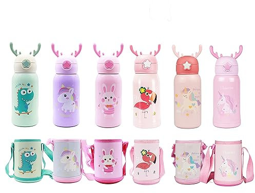 QUNUNOIRE Portatile Borraccia in Acciaio Inox Termica Bottiglia d'Acqua Sportive per Mantenere Caldo e Freddo, Borracce Estate per Bambini Bimbo 500ML Unicorno Rosa