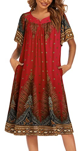 Ekouaer Womens Nightgown Short Sleeve House Dress with Pockets-Floral Print Mumu Dress Floral Red, XX-Large