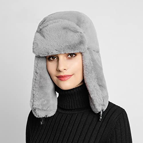 Ciamlir Russische Mütze Warme Wintermützen Bombermützen Für Frauen Weiße Faux-Kaninchenpelzmützen Mit Ohrenklappen Damen Russische Wintermützen Ohrenschützer,Grau,55-58Cm