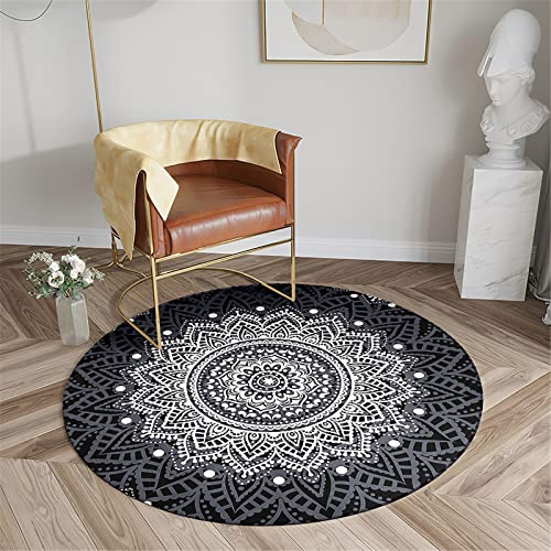 Chickwin Teppich für Wohnzimmer Rund, Mandala Stil rutschfeste Teppiche Flanell Flauschig Weich Moderne Fußmatte für Schlafzimmer Kinderzimmer Küche Dekoration (Durchmesser 100cm,Schwarz)