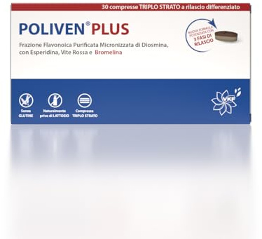 POLIVEN PLUS 30 CPR TRIPLO STRATO A RILASCIO DIFFERENZIATO | DIOSMINA, ESPERIDINA, VITE ROSSA E BROMELINA 2500 GDU| INDICATO PER VENE VARICOSE, PROBLEMI DI MICROCIRCOLO E PESANTEZZA ALLE GAMBE