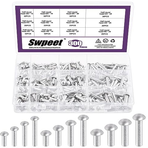 Swpeet Lot de 300 rivets solides en aluminium M4/M5/M6 × 10 mm/14 mm/20 mm/25 mm Rivets en aluminium, extrémité lisse, tête universelle, haute résistance à la corrosion pour bateaux de réparation