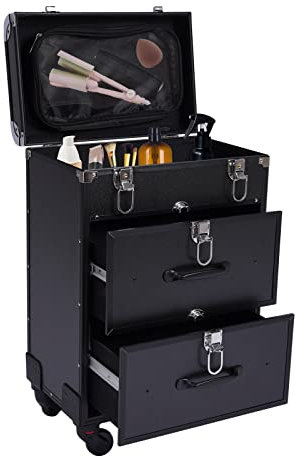 Schminkkoffer,Rolling Aluminum Makeup Train Case Mit 3 Schubladen,Schwarz Salon Cosmetic Trolley Organizer Box Groß Kosmetikkoffer Trolley