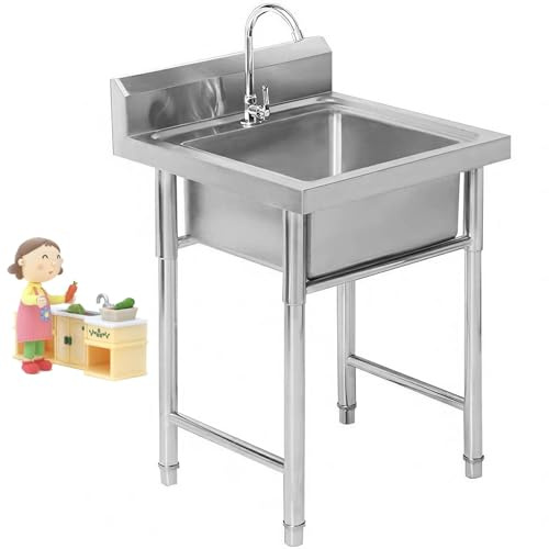Fregadero de Acero Inoxidable, Fregadero de Cocina Independiente de un seno con Grifo y Protector Contra Salpicaduras, Fregadero Portátil para Restaurante de Granja,Lavadero,Bar (Size : 60x60x80cm(24