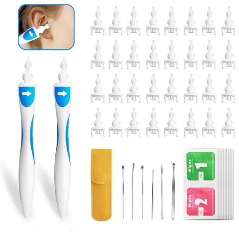 2Pcs Silicone Ear Cleaner Spiral Earwax Removal Cleaning Kit with 32 Tips, Alcohol Paper, Safe for Kids & Adults
