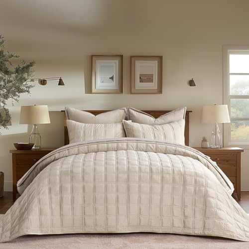EVERGRACE 3 Pieces Luxurious Velvet Quilt King Size, Ultra Soft Bedspread Coverlet Set, Double Box Stitch Lightweight Velvet Comforter for All Season with 2 Shams, Beige, 108x96