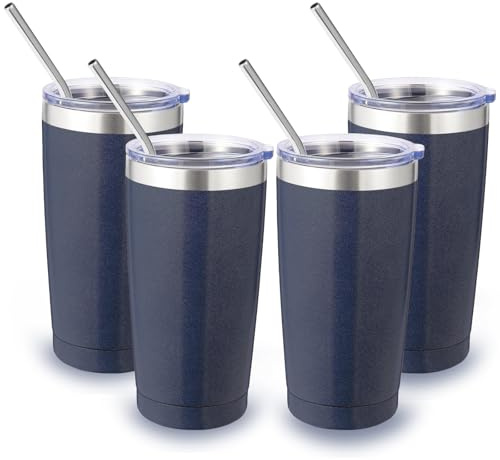 Volhoply 550 ml reseisolerat glas med lock och sugrör storpack 4-pack, dubbelvägg rostfritt stål kaffemugg passar mugghållare, pulverlackerade koppar för varma och kalla drycker, BPA-fri (marinblå, 4