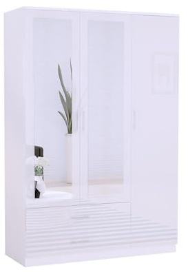 URBAN FURNISHING High Gloss 3 Door Wardrobe with Mirror & Drawers – Modern Storage Cabinet with Hanging Rail & Chrome Handles | Strong MDF Bedroom Wardrobe for Bedroom Furniture (White)