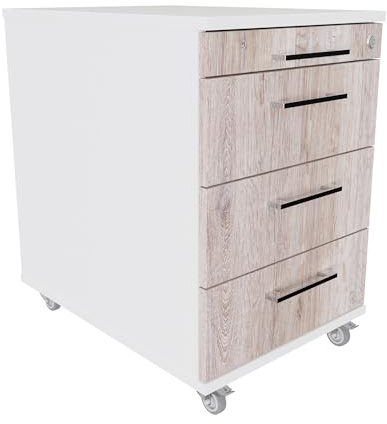 Eigentlich Rollcontainer 60 cm tief, 3 Schubladen und Materialauszug, Rollwagen B43xT60xH65 cm abschließbar, Schreibtischunterschrank versch. Farben (Korpus Weiß, Front Eiche modern)