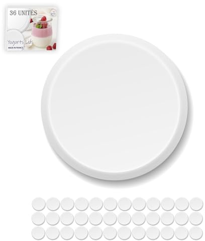 XILMARK 36 x Tapas Yogurt Reutilizables, compatibles con marcas comerciales, Vasos de Cristal para Yogurtera diámetro 56 mm, Tapas de Plástico para Botes Yogurtera, Vasos para Postres.