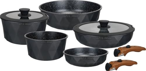 Royal Swiss® Batterie de Cuisine Induction 9 pièces - 2 Poignées Amovibles - Ensemble de Casseroles avec couvercle pour toutes sources de chaleur - Noir - Casseroles et poêles sans PFAS (9) (Noir, 9)