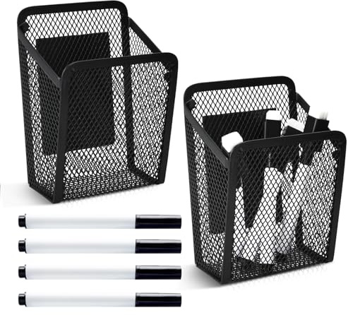 Jiayaus 2 Stück Magnetischer Stiftehalter, Schreibtisch Organizer | Metall Mesh Stiftehalter Kinder mit 4 Stück Whiteboard Stifte Für Kühlschrank Whiteboard Schließfach Haus Oder Büro