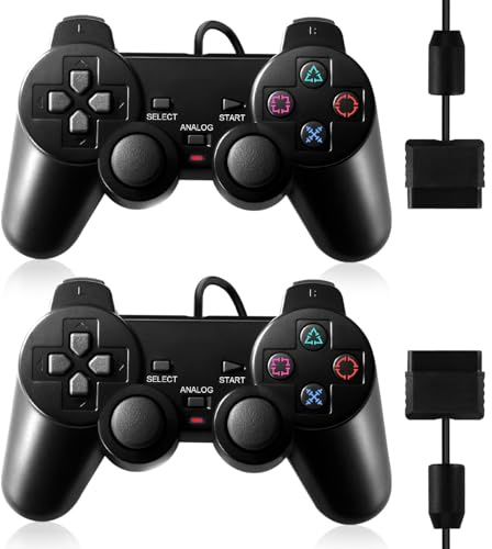 HaeBorl Controller PS2, confezione da 2 controller cablati compatibile con PS2/PS2 Slim/PS1, controller cablato di ricambio PS2 con doppia vibrazione, nero