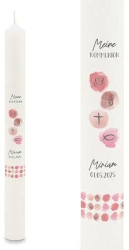 GRAVURZEILE Vela de vela impresa – Watercolor – Personalizada con nombre y fecha – Regalo para bautizo, comunión o confirmación – para niños y niñas – Vela altar 400/40 mm – Rosa