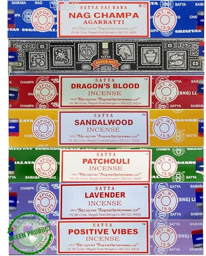 Satya Incense Sticks Gift Set, 7 Fragrances - Nag Champa, Super Hit, Dragon's Blood, Sandalwood, Patchouli, Lavender, Positive Vibes, by JMW.