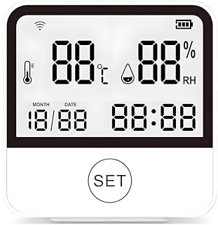 Lancoon Termometro igrometro WiFi con orologio LCD sensore di temperatura wireless per camera da letto, cucina, camera del bambino, funziona a batteria, facile da posizionare, custodia ABS