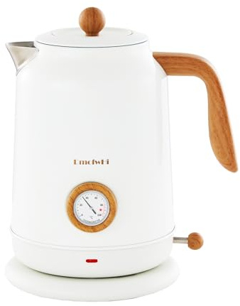 DmofwHi Bouilloire Electrique Inox 1,7L, Théière Vintage avec Indicateur de Température et Thermomètre, Silencieuse et Socle à 360° - Parfaite pour la Famille pour le Café et le Thé, Blanche