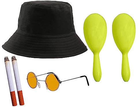 Rockband-Zubehör-Set für Erwachsene, 90er-Jahre, schlichter schwarzer Eimerhut, runde orangefarbene Sonnenbrille, 2 gelbe Maracas, 2 gefälschte Zigaretten, 6-teiliges Musik-Kostüm-Zubehör-Set für