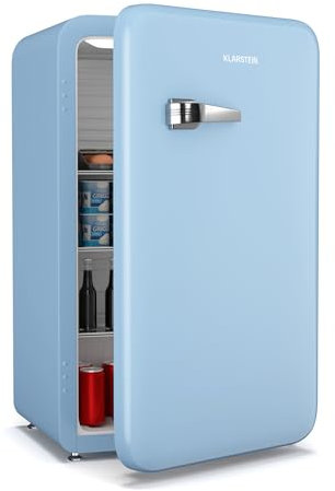 KLARSTEIN Audrey Evo 90L Retro Mini Fridge - Quiet 40 dB, Adjustable Thermostat, Reversible Door, Bedroom Fridge, Small Fridges for Bedrooms, Offices, Party Basements, Blue