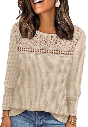 WIHOLL Ladies Jumpers Long Sleeve Tops Womens Lace Blouse Trendy Waffle Knit Jumpers Dressy Casual Beige Size 10-12 M
