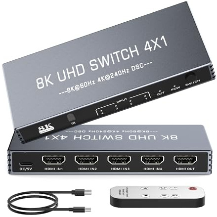 8K HDMI Splitter - 4K@240Hz 8K@60Hz HDMI 2.1 Switch 4 in 1 Out – 4 Port Umschalter mit Remote HDR10+ HDCP2.3 CEC HDMI 2.1 3D, Aluminium Switcher für PS5/4/3 DVD-Player Roku PC Fire Stick TV Xbox VR