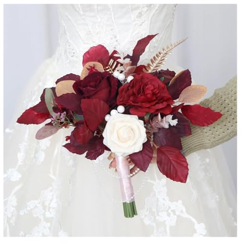 SBJKLYRN bouquet， Bouquet da sposa con rose rosse da 13,8 pollici for la sposa con catena di cristallo, bouquet di fiori artificiali for cerimonia di nozze, decorazione for chiesa, 2 pezzi