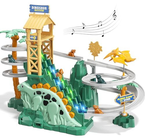 JUKUDAHU Dinosaurier Rennstrecke Spielzeug für Kinder 3-8 Jahre | Kletterrutsche Treppen Spielset, Autorennbahn, Mit Licht und Musik, Geschenke für Jungen und Mädchen