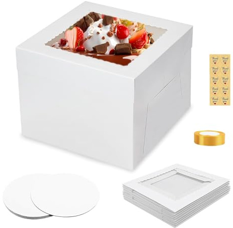 thirei Boite Gateau, 25.5 x 25.5 x 20.4 cm Boite Layer Cake, Lot de 5 Boite Bento Cake, Boîte à Gâteaux avec Fenêtre Transparente, Planches à Gâteaux Rondes et Ruban, pour Les Fêtes, Pâtisseries
