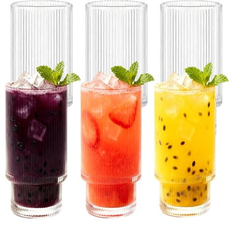 KIXINY Gläser Set 6 gerippte Trinkgläser, 470ml Vintage-Gläser, Highball-Gläser, Premium-Eiskaffee-Gläsers, klare Glastumbler, Cocktailgläser, elegante Gläsers für Wasser, Saft, Whisky und Bier