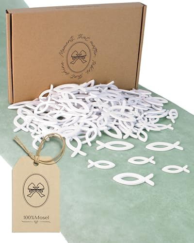 100% Mosel Pesciolini in Legno da Spargere, 150 Pezzi, Bianco | Coriandoli da Tavola per Battesimo, Cresima & Comunione – 2 Dimensioni
